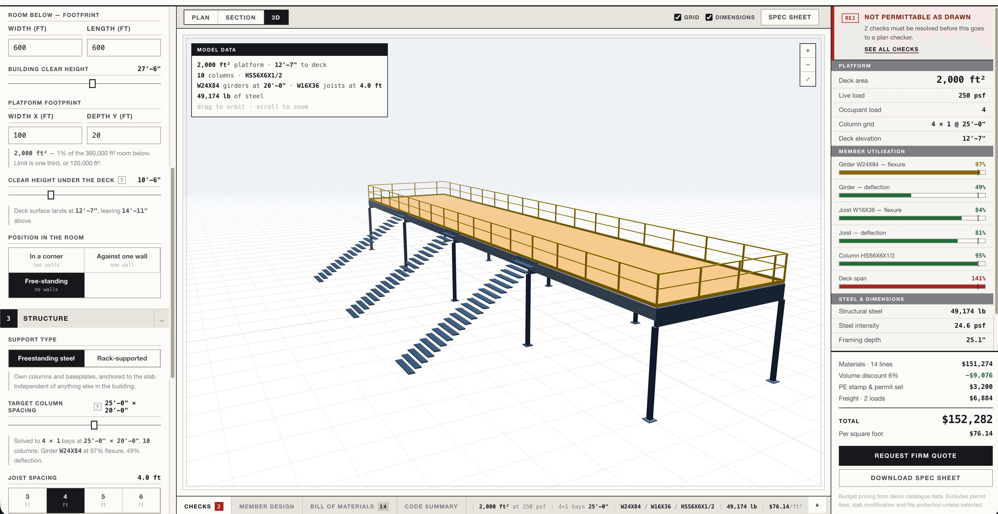Mezzanine configurator showing a 3D steel platform with live member utilisation and IBC code checks