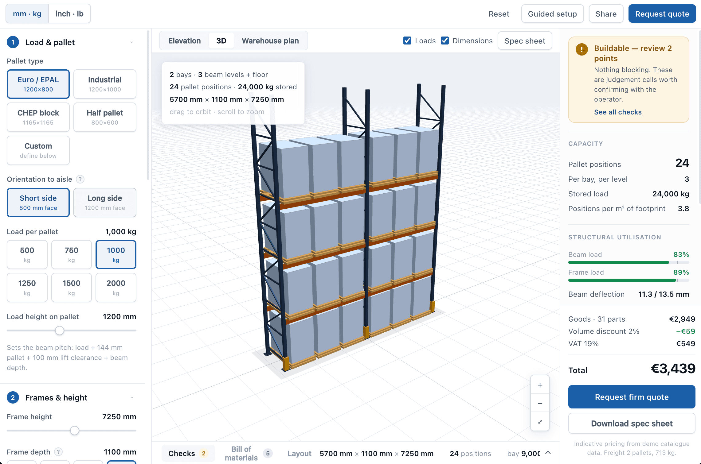 Pallet racking configurator showing a 3D racking run with live load checks
